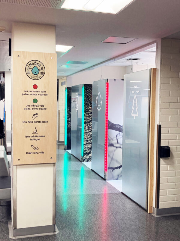 Fimlabin Nopsa -näytteenottotilan kyltit ja teippaukset