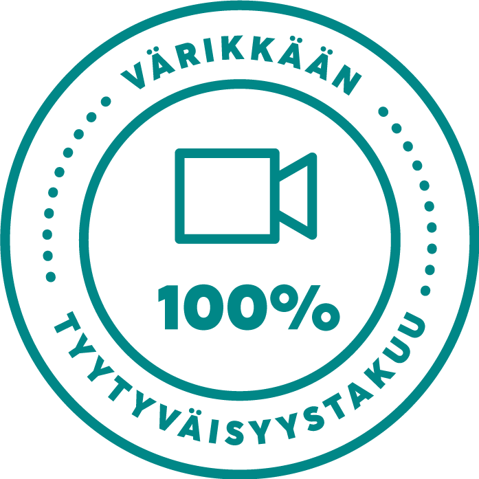 Sininen ikoni tekstillä "Värikkään 100% tyytyväisyystakuu"